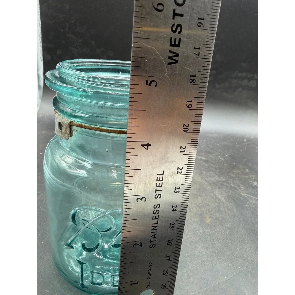 Vintage Ball Ideal Aqua Blue Glass Mason Jar with Wire Bail Patina Antique